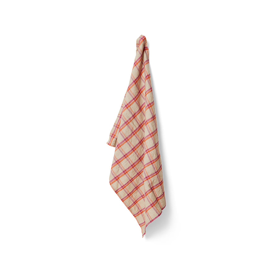 Strawberry Cream Plaid Linen Tea Towel